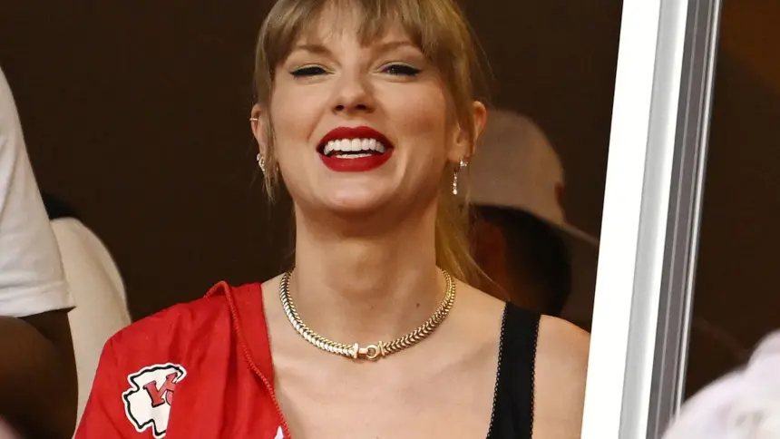 Taylor Swift can’t contain her excitement as she watches beau Travis Kelce play against Denver Broncos